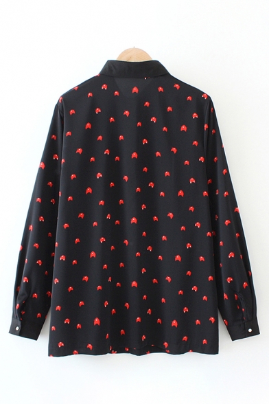 Casual Female Long Sleeve Lapel Collar Button Front All-Over Cartoon Print Loose Fit Shirt