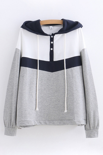 Casual Womens Long Sleeve Button Front Colorblocked Drawstring Relaxed Fit Hoodie in Light Gray