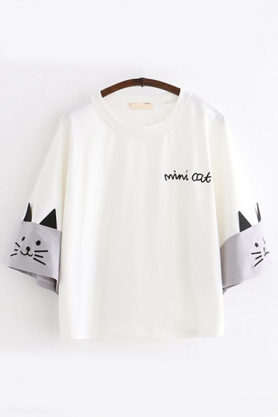 Chic Street Girls' Long Sleeve Crew Neck Letter MINI CAT Cartoon Cat Printed Loose Fit T-Shirt