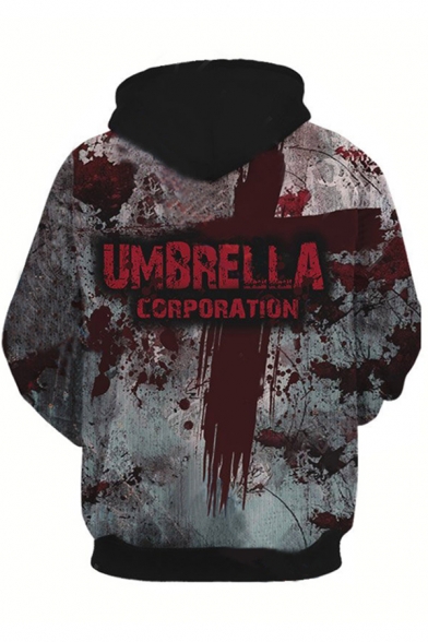 Creepy Cool Guys Long Sleeve Drawstring Letter UMBRELLA Blood Printed Pouch Pocket Loose Hoodie in Gray