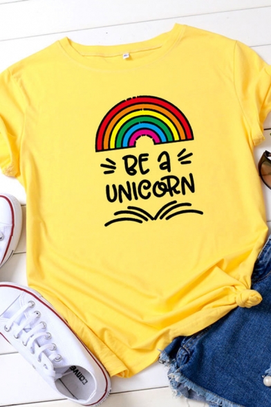 Cute Girls Roll Up Sleeve Round Neck Letter BE A UNICORN Rainbow Pattern Slim Fitted Tee Top