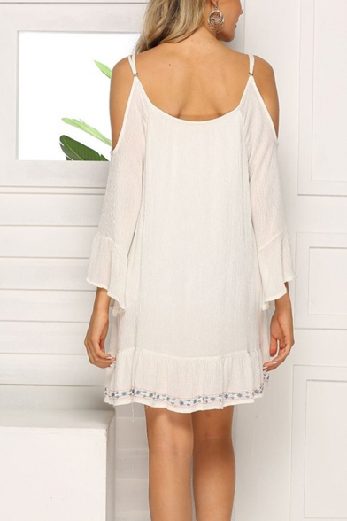 Ethnic Casual White Bell Sleeves Cold Shoulder Floral Patterned Ruffled Trim Oversize Blouse Top for Ladies