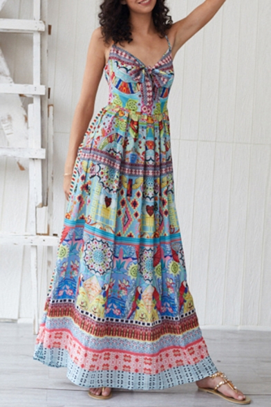 Ethnic Ladies' Blue Sleeveless All Over Floral Printed Pleated Maxi A-Line Cami Beach Dress