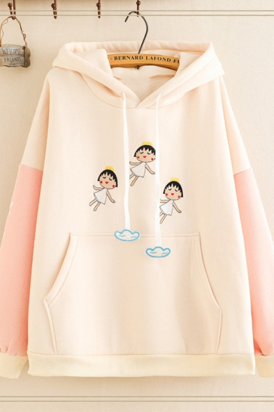 Fancy Girls Long Sleeve Drawstring Cartoon Printed Color Block Pouch Pocket Relaxed Hoodie