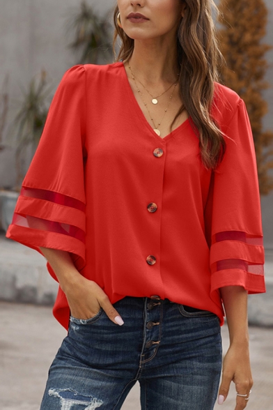 Fancy Ladies Bell Sleeves V-Neck Button Up Striped Relaxed Blouse Top in Red