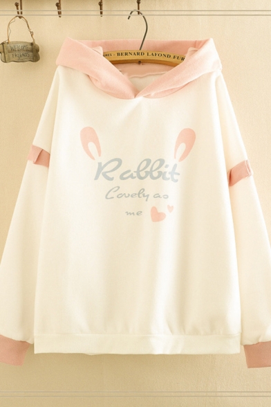 Fancy Lovely Girls' Long Sleeve Letter RABBIT Graphic Contrasted Loose Fit Rabbit Ear Hoodie