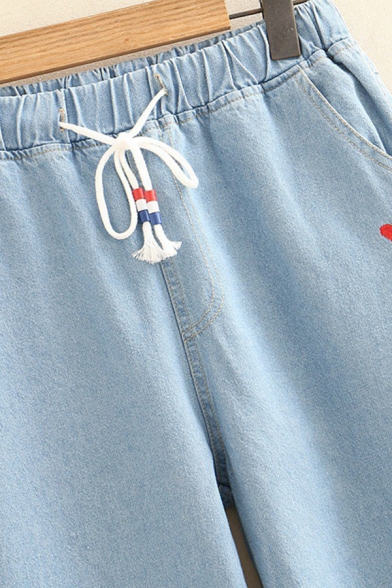 Fashion Girls' Drawstring Waist Heart Cat Embroidery Checker Cuffs Ankle Tapered Fit Jeans in Blue