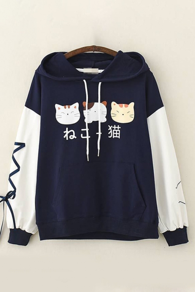Fashion Ladies Long Sleeve Drawstring Japanese Letter Cat Graphic Lace Up Kangaroo Pocket Loose Hoodie