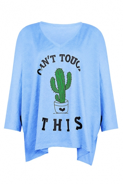 Fashion Women's Long Sleeve Round Neck Letter CAN'T TOUCH THIS Cactus Printed Oversize T-Shirt