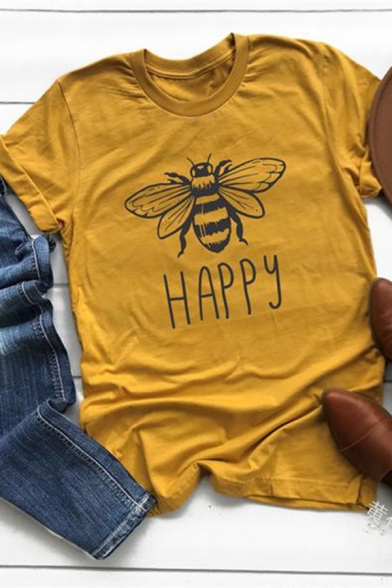 Funny Bee Happy Graphic Printed Round Neck Short Sleeve Leisure T-Shirt