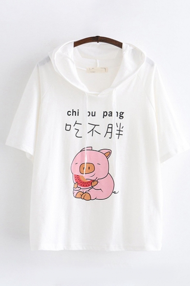 Funny Women's Short Sleeve Drawstring Cute Pig  Printed Chinese Letter Relaxed Hoodie T-Shirt
