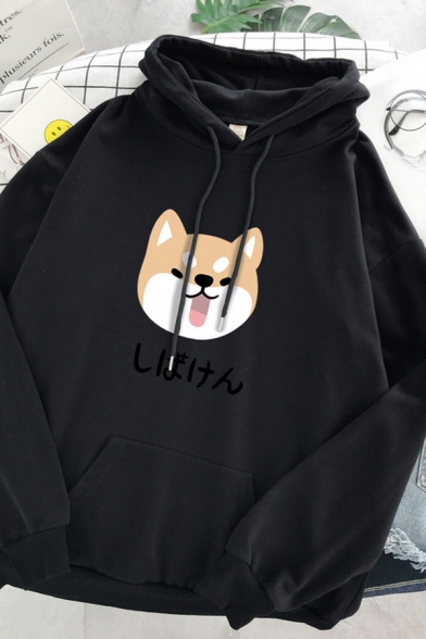 Harajuku Womens Long Sleeve Drawstring Japanese Letter Dog Graphic Relaxed Fit Hoodie