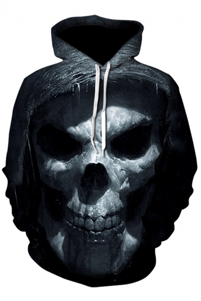 Hip Hop Boys Long Sleeve Drawstring Creepy Skull 3D Patterned Pouch Pocket Relaxed Hoodie in Black