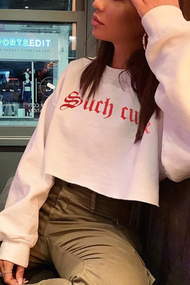 Hip Hop Girls Long Sleeve Crew Neck Letter SUCH CUTE Print Relaxed Fit Crop Sweetheart Top in White