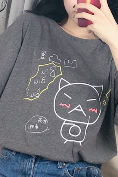Korean Fashion Short Sleeve Crew Neck Cartoon Girl Cat Print Loose Fit T-Shirt for Girls