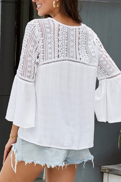 Ladies' Stylish Street Solid Color Bell Sleeve V-Neck Button Down Lace Patched Loose Fit Shirt