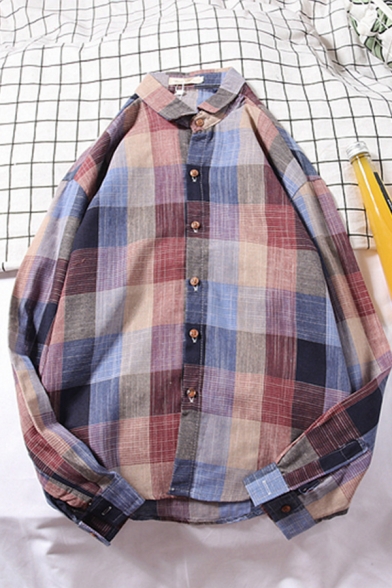 Leisure Men's Long Sleeve Lapel Neck Button Down Checker Pattern Oversize Shirt