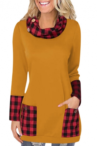 Leisure Women's Long Sleeve Cowl Neck Plaid Patterned Panel Pockets Side Longline Fitted T Shirt