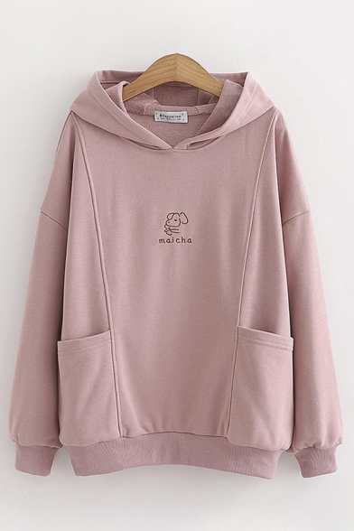 Pink Pretty Long Sleeve Dog Graphic Pockets Side Loose Fit Hoodie for Women