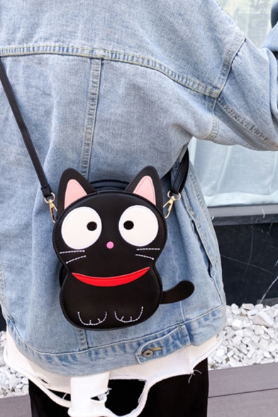 Popular Cute Girls Cat Printed Messenger Bag in Black