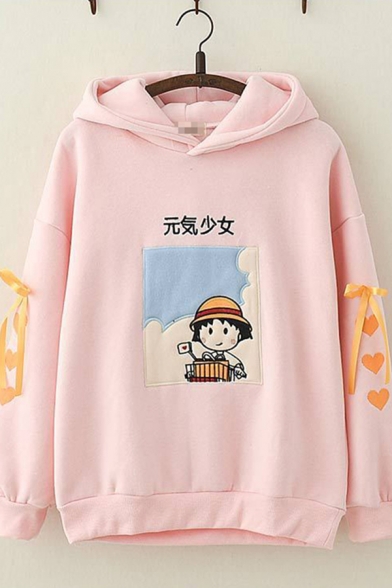 Popular Girls Long Sleeve Cartoon Japanese Letter Embroidered Lace Up Relaxed Hoodie