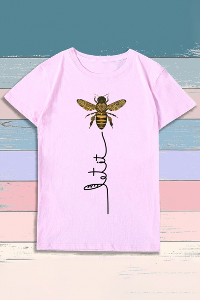 Popular Womens Roll Up Sleeve Round Neck Bee Graphic Relaxed Fit T-Shirt