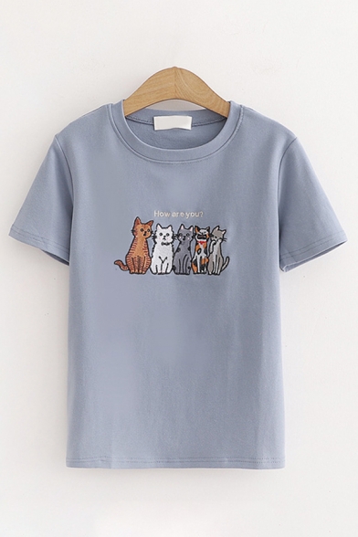 Preppy Girls Short Sleeve Round Neck Letter HOW ARE YOU Cat Embroidered Relaxed Fit T Shirt