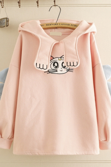 Pretty Cute Girls Long Sleeve Cat Embroidered Loose Fit Paw Ears Hoodie