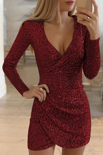 Stylish Glitter Plain Long Sleeve Surplice Neck Sequined Mini Tight Wrap Dress for Party Girls