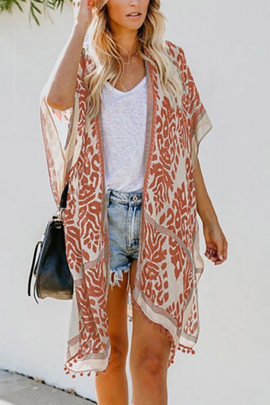 Stylish Unique Ladies Bell Sleeve All Over Floral Printed Fringe Relaxed Long Cardigan in Black