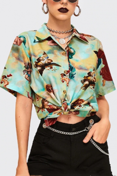 Trendy Women's Green Short Sleeve Lapel Neck Button Down All Over Angel Pattern Fitted Shirt