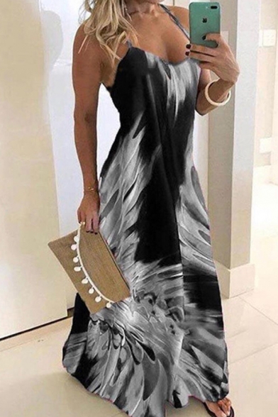 Amazing Ladies' Sleeveless Abstract Pattern Colorblock Maxi Flowy Cami Dress