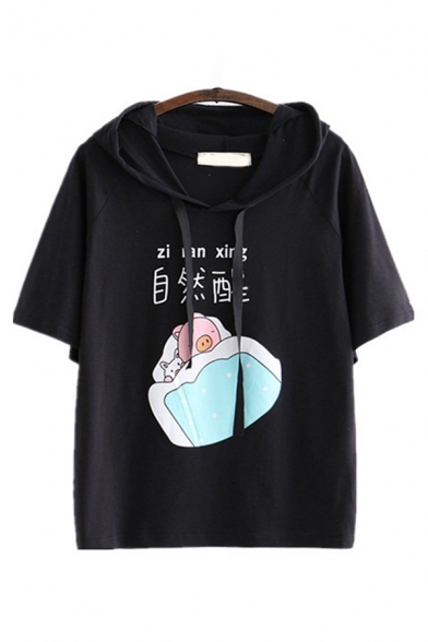 Basic Summer Short Sleeve Drawstring Chinese Letter Pig Graphic Relaxed Fit Hoodie for Women