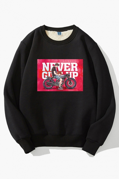 Casual Warm Boys' Long Sleeve Crew Neck Letter NEVER GIVE UP Comic Printed Sherpa Liner Loose Pullover Sweatshirt