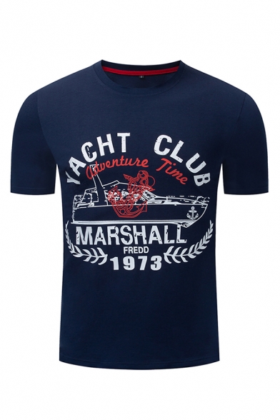 Cool Boys Short Sleeve Crew Neck Letter YACHT CLUB Ship Printed Relaxed Graphic Tee in Royal Blue