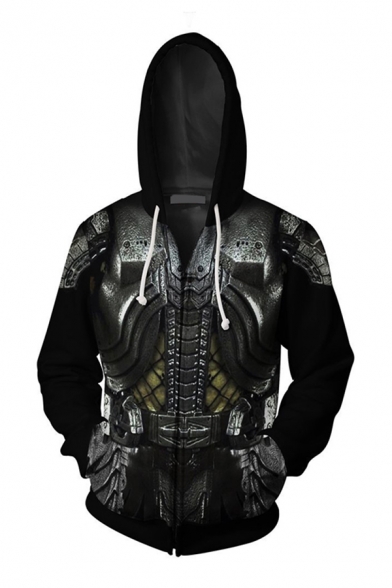Cool Boys Unique Long Sleeve Drawstring Zipper Front Anime Cosplay 3D Printed Loose Hoodie in Black