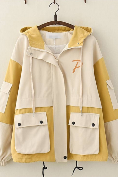 Cool Casual Long Sleeve Zipper Front Flap Pockets Color Block Loose Fit Jacket for Girls