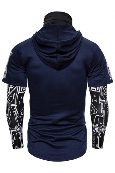 Cool Mens Long Sleeve Drawstring Ninja Cosplay Geometric Printed Patchwork Fake Two Piece Slim Fit Hoodie