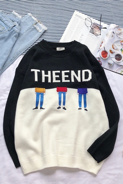 Cool Trendy Guys' Long Sleeve Crew Neck Letter THE END Graphic Colorblocked Knitted Oversize Sweater Top