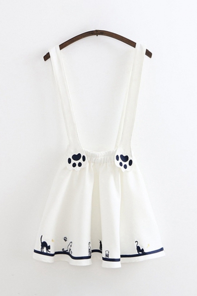 Cute Girls Elastic Waist Cartoon Animals Paw Printed Mini Pleated A-Line Suspender Skirt