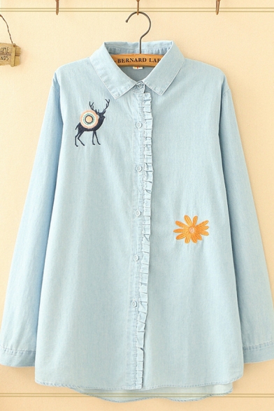 Cute Girls Long Sleeve Lapel Collar Button Down Deer Floral Embroidery Stringy Selvedge Loose Fit Shirt in Light Blue