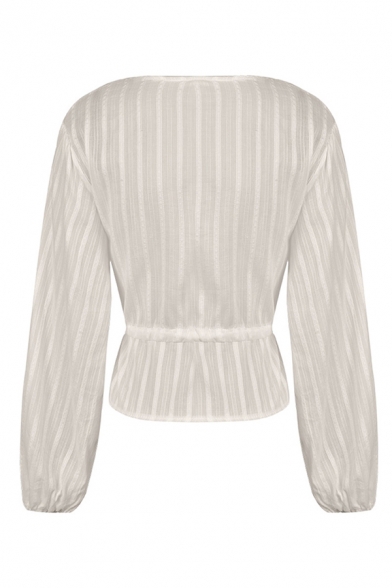 Cute White Long Sleeve Deep V-Neck Lace Trim Tied Waist Striped Sheer Shirt for Women