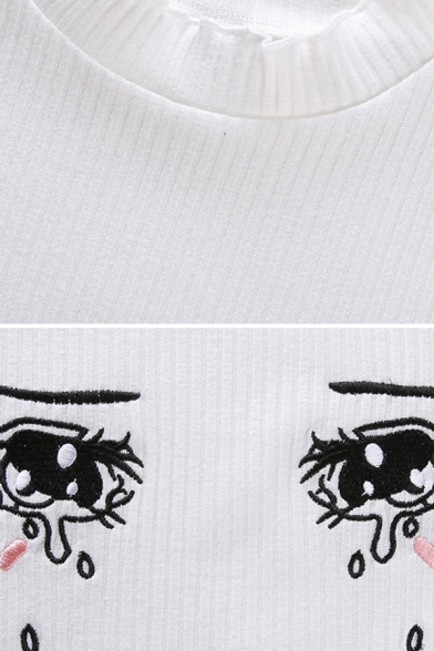 Edgy Girls Short Sleeve Crew Neck Cartoon Crying Eyes Print Stringy Selvedge Knit Fitted Crop T Shirt in White