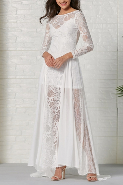 Fancy Elegant Ladies' Long Sleeve Boat Neck See-Through Lace Maxi Pleated Evening Flowy Dress in White