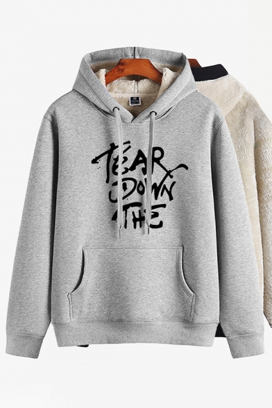 Fashionable Boys' Long Sleeve Drawstring Letter TEAR DOWN THE Pouch Pocket Fleece Liner Thick Relaxed Hoodie