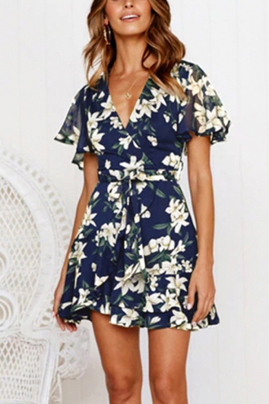 Gorgeous Ladies Short Sleeve Surplice Neck Bow Tie Waist All Over Floral Printed Short Pleated Wrap Dress