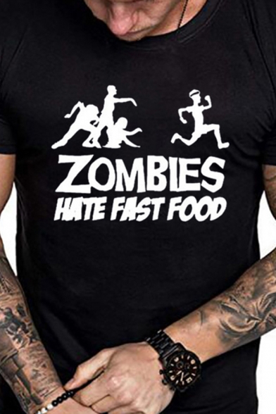 Guys' Fashionable Short Sleeve Crew Neck Letter ZOMBIES HATE FAST FOOD Graphic Fitted T-Shirt