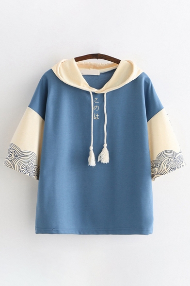 Harajuku Girls Short Sleeve Tassel Drawstring Japenese Letter Floral Graphic Colorblock Relaxed Fit Hoodie