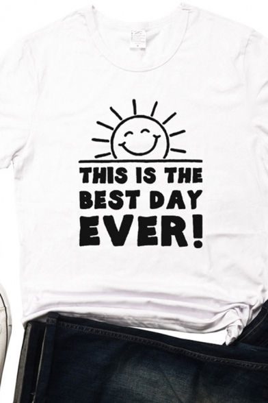 Leisure Womens Roll Up Sleeve Crew Neck Letter THIS IS THE BEST DAY EVER Sun Graphic Relaxed Fit T-Shirt