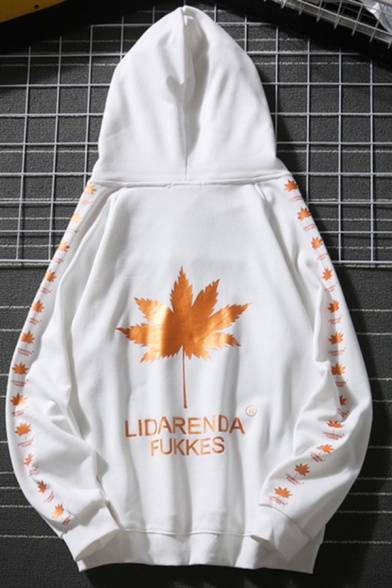 Popular Guys' Long Sleeve Drawstring Maple Leaf Printed PAREOAKICE FUKKES Letter Pouch Pocket Relaxed Hoodie